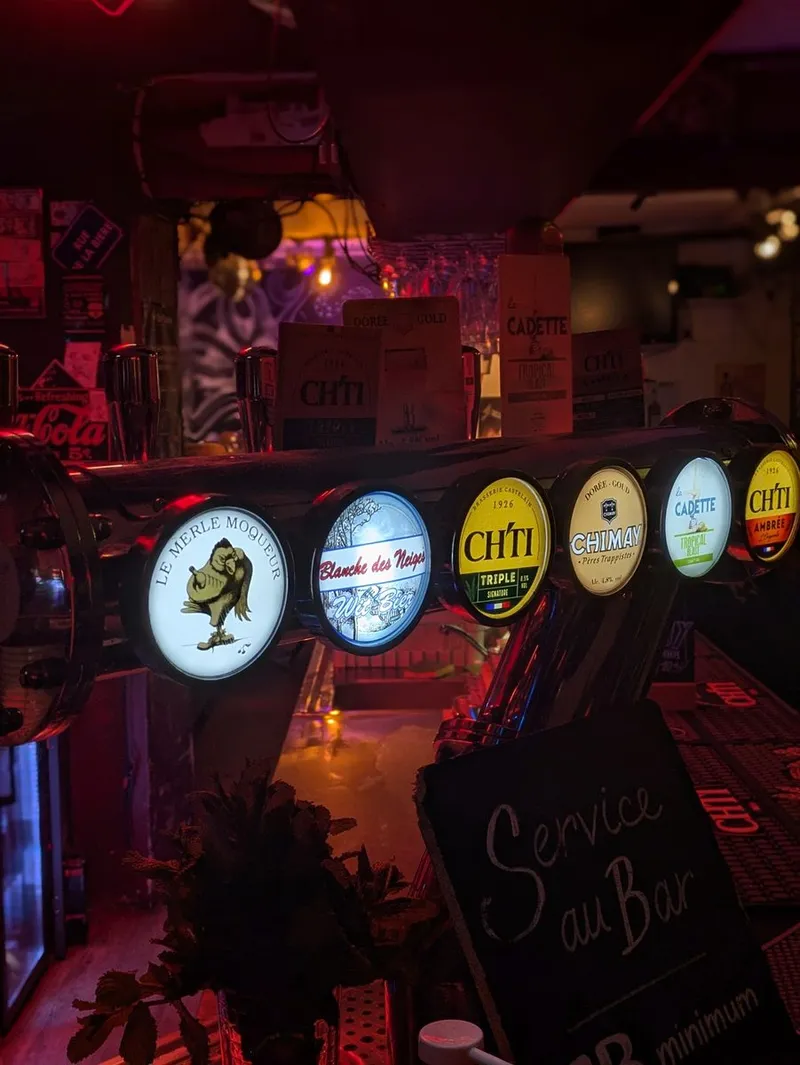 Comptoir du Merle Moqueur, tireuses à bière et ambiance du bar